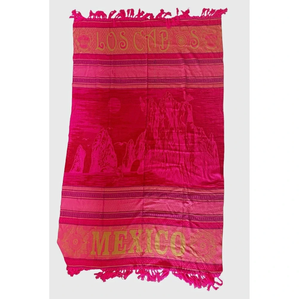 Mexico Los Cabos Woven Blanket Wall Hanging Pink Tapestry Fringe Boho 57x90